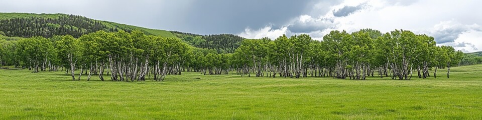 Expansive green meadow with aspen trees under a cloudy sky near the mountains during late spring