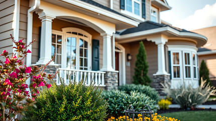 Tan house with white columns and porch, large windows, landscaping featuring flowering shrubs and other greenery.  Stone accents visible on the house's foundation.