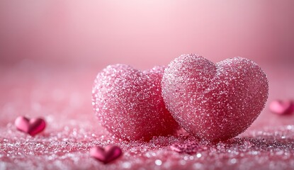 Fototapeta premium Two Pink Hearts on a Matching Pink Surface.