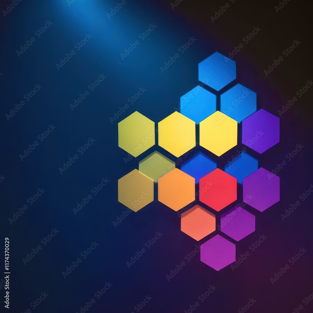 Poster Colorful hexagon pattern is displayed on a blue background