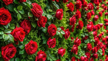 Fototapeta premium Vibrant red roses cascade down a lush green wall, creating a stunning floral backdrop perfect for any occasion , flower wall, elegant background