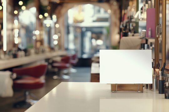 A white sign sits on a counter in a salon