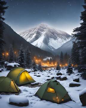 winter camping, snowy mountains, winter sunset, camping in the snow, mountain winter, winter adventure, snow-covered landscape, cold weather camping, icy mountain views, sunset over snow, winter wilde