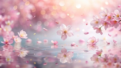 Fototapeta premium Soft pink sakura petals gently floating downwards against a serene and tranquil background, delicate petals, floral motifs