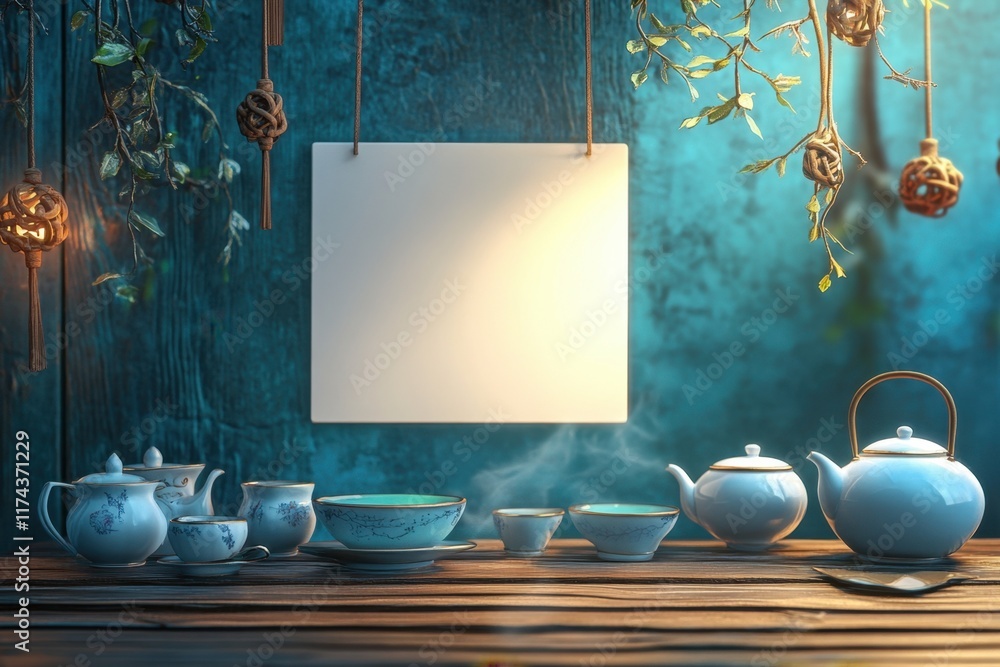 Poster A white frame with a picture of a teapot and cups sits on a table
