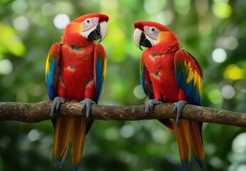 Two red parrots with blue and yellow feathers perched on a tree branch in the rainforest