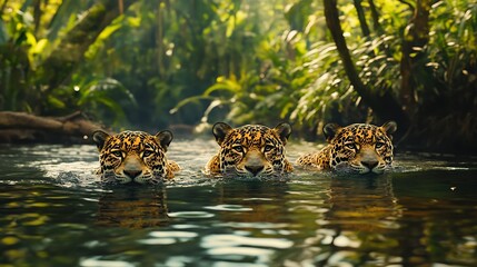Fototapeta na wymiar Three Majestic Jaguars Swimming in a Lush Amazonian River