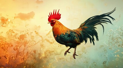 Fototapeta premium Majestic Rooster in Vibrant Sunrise: A Stunning Avian Portrait