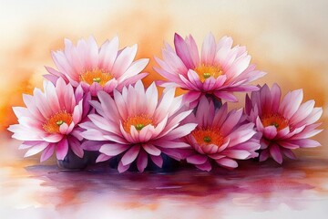 Fototapeta premium Pink water lilies in a soft, painterly style, grouped together on a reflective surface with a blurred background.