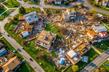 Naklejka premium Tornado Aftermath Debris Swirls, Ruined Homes, Aerial View