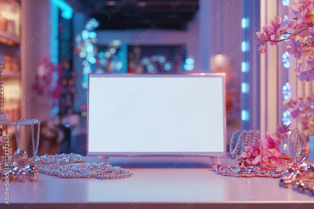 Poster a display of jewelry in a store with a large screen behind it