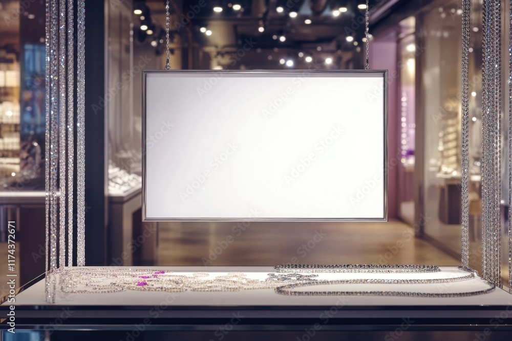 Poster a display of jewelry in a store with a large screen behind it