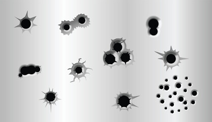 Set illustration of various bullet hole patterns on a metallic surface, featuring different groupings and impact styles. The bullet holes exhibit jagged edges and radial cracks, with some displaying