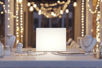 A display of jewelry in a store with a large screen behind it