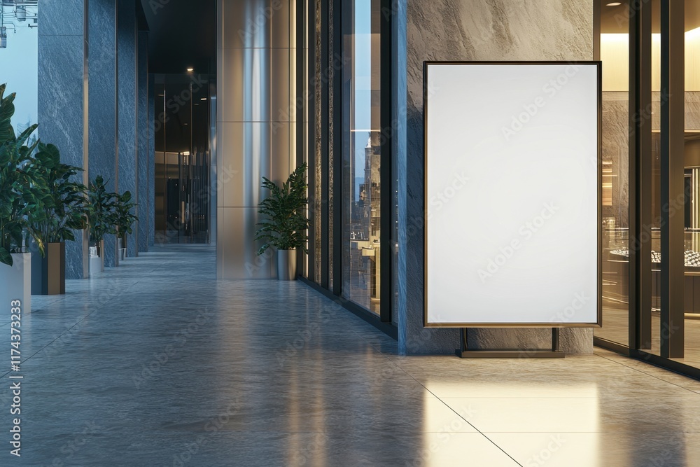 Poster a large white sign hangs in front of a building with a shiny