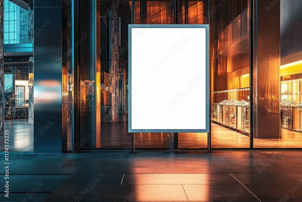Poster a large white sign hangs in front of a building with a shiny