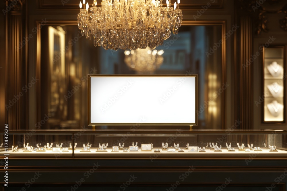 Poster a display case with a white sign in the middle