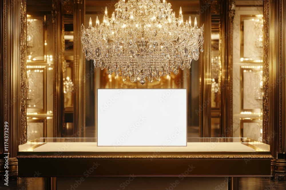 Poster a large chandelier hangs above a white table with a large empty glass case