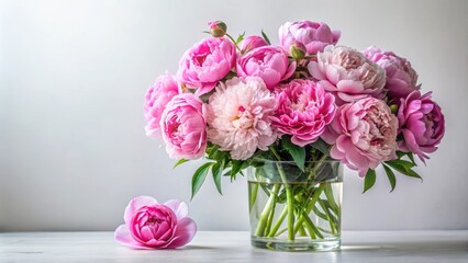 Luxurious pink peony flowers arranged in a beautiful bouquet, placed delicately in a clear glass vase with intricate details, against a soft white background, elegance, flower bouquet