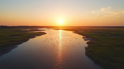 Fototapeta premium Sunset over tranquil river natural landscape aerial view peaceful environment wildlife scene