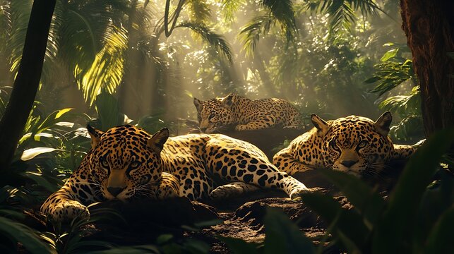 Majestic Jaguars Resting in the Lush Amazon Rainforest