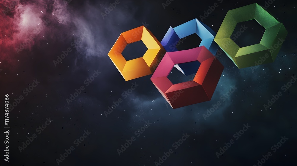 Poster dynamic 3d shapes in cosmic background digital art abstract space wide angle visual exploration