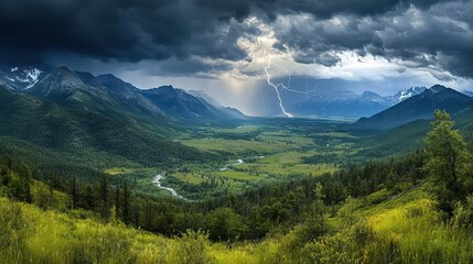 Dramatic lightning storm over lush valley mountain range nature photography thunderous environment captivating viewpoint