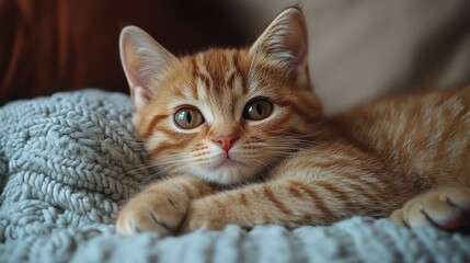 Obraz premium Adorable Ginger Kitten Resting on a Cozy Knitted Blanket