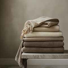 a stack of soft textured blankets in various shades
