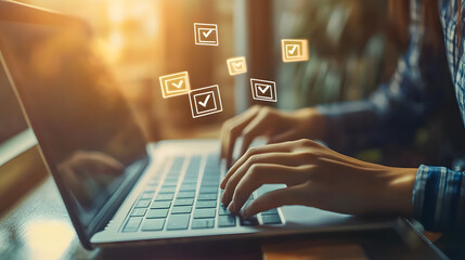 Person Typing on Laptop with Floating Checkmarks and Warm Lighting in a Cozy Environment