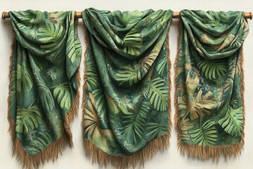 Three textured scarves featuring lush green tropical foliage designs.