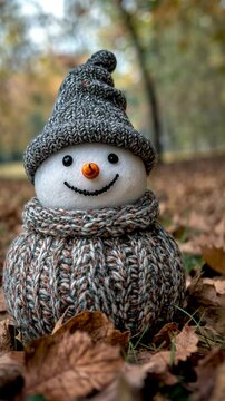 Snowman wearing a cozy sweater and hat sits among fallen leaves in a tranquil park during autumn