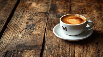 Aromatic Coffee in White Cup on Rustic Wooden Table
