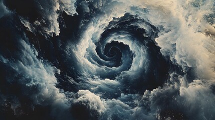 Dynamic swirling clouds over ocean waves coastal region abstract art stormy weather aerial view nature's power