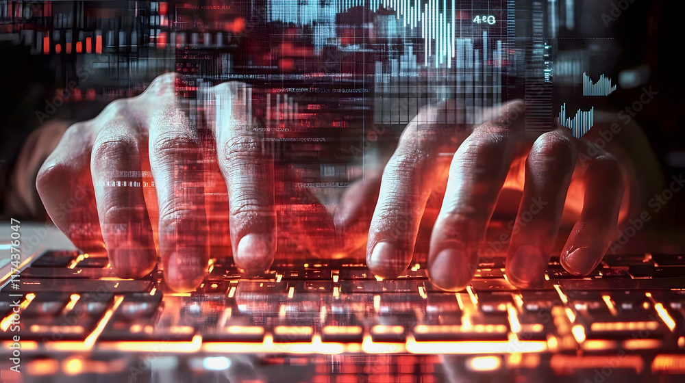 Poster hands typing on a keyboard with digital data overlay signifying technology and innovation in the cor