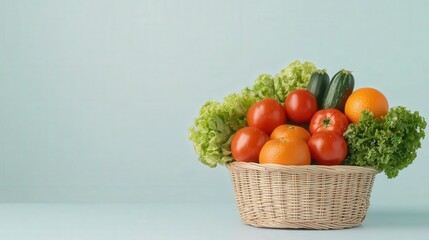 Basket with a variety of fresh produce such as tomatoes, lettuce, and oranges, neutral backdrop