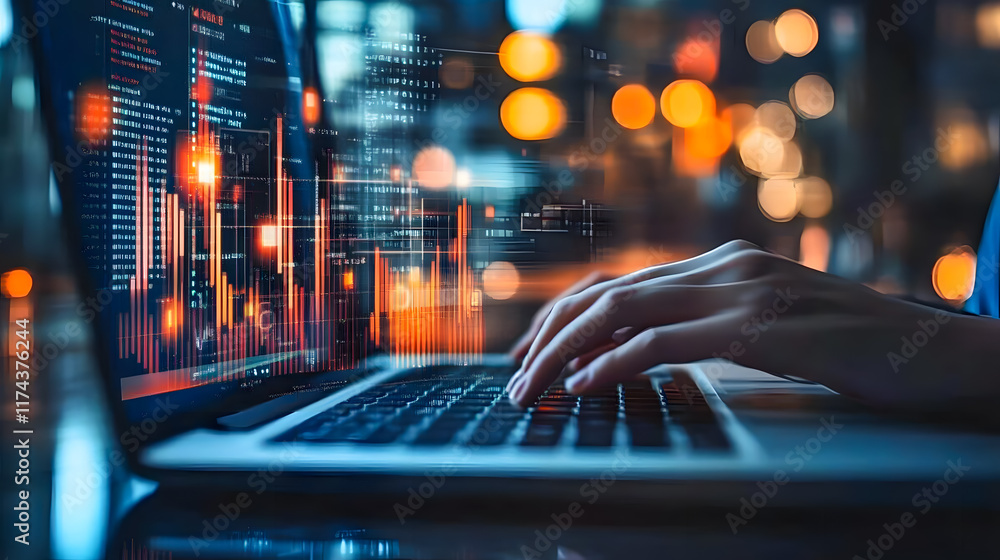 Poster professional data analysis with laptop on bokeh city background during nighttime for technology and 