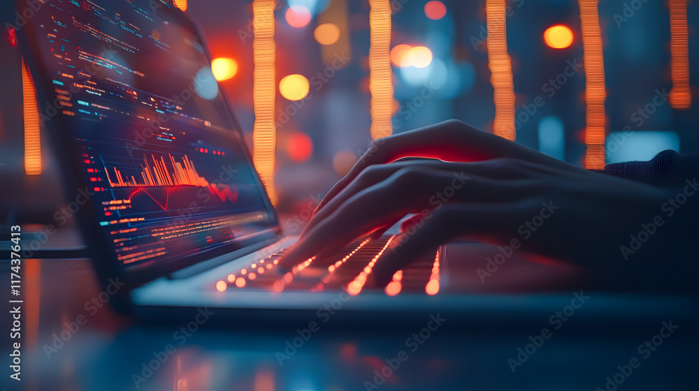 Poster hands typing on laptop with colorful bokeh lights and digital graphs in background for technology an