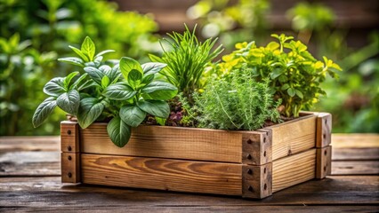 Aromatic plants and herbs being carefully arranged in a wooden planter , organization, herbs,  organization