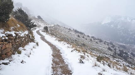 Snowy path through mountain landscape winter scene nature photography foggy conditions scenic viewpoint