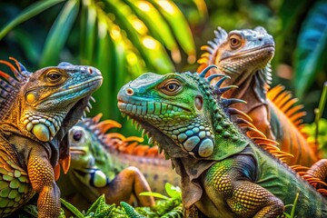 Fototapeta premium Vibrant Iguanas in Lush Green Jungle - AI Photo