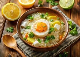 Aerial View Chicken Rice Soup Lemon Egg Recipe - Overhead Shot Food Photography