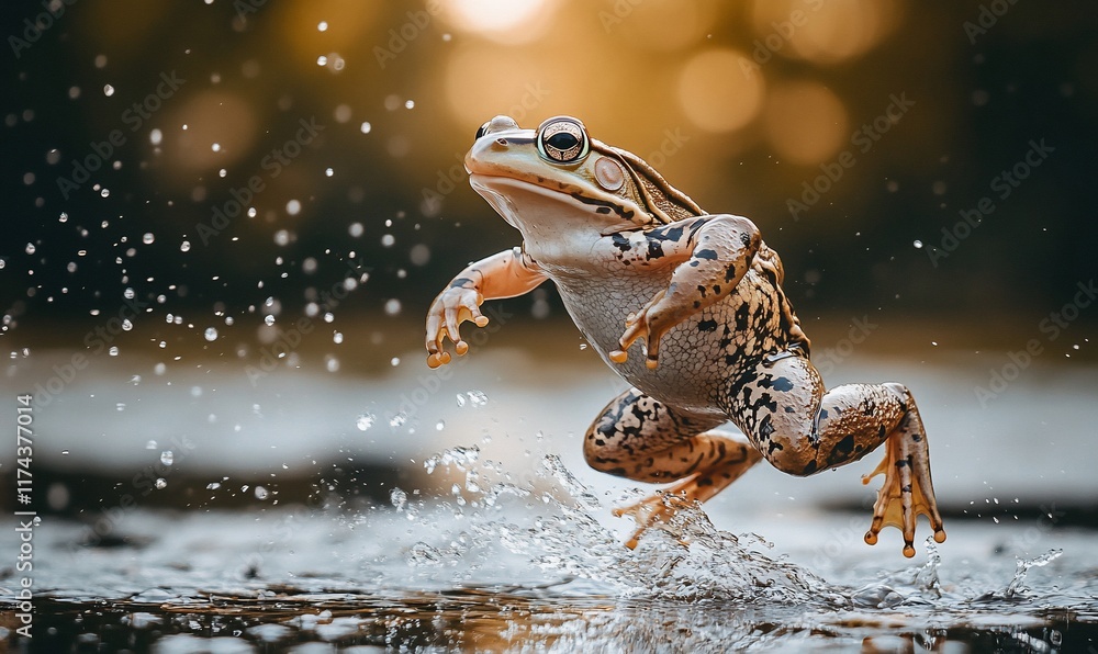 Poster A frog leaps through splashing water, captured in a dynamic moment of action.