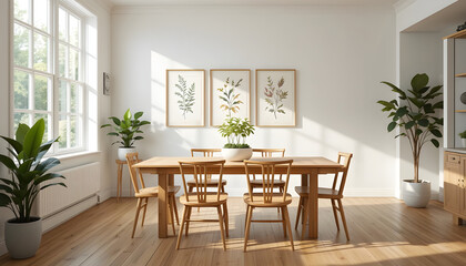 Sunny Dining Room with Wooden Table and Plants