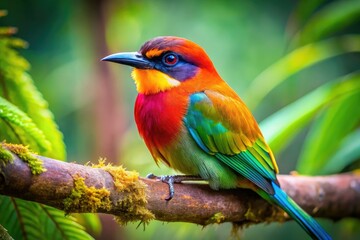 Obraz premium Vibrant Tropical Bird on Branch - Macro Photography AI Art
