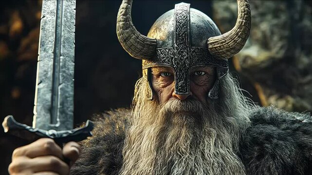 portrait of a bearded dwarf warrior wearing horned helmet and armor standing in a dungeon cave with orange lights. Mythical fairytale fantasy character