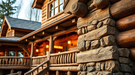 Naklejka premium Exterior View of Log Cabin with Stonework and Porch