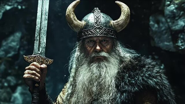 portrait of a bearded dwarf warrior wearing horned helmet and armor standing in a dungeon cave with orange lights. Mythical fairytale fantasy character