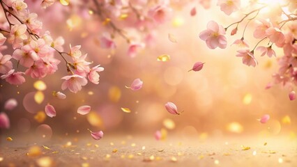Fototapeta premium Soft pink sakura petals gently falling on a serene autumnal background with warm golden hues and subtle texture, petal, foliage