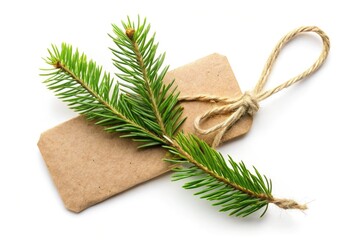Christmas Gift Tag Mockup: Rustic Craft Paper, Fir Branch, Rope, White Background, Top View, Holiday Decoration, Festive Design, Xmas Gift Tag